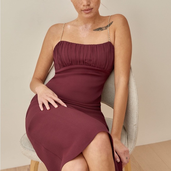 Reformation “Gray” burgundy midi dress with crystal straps - Picture 2 of 6